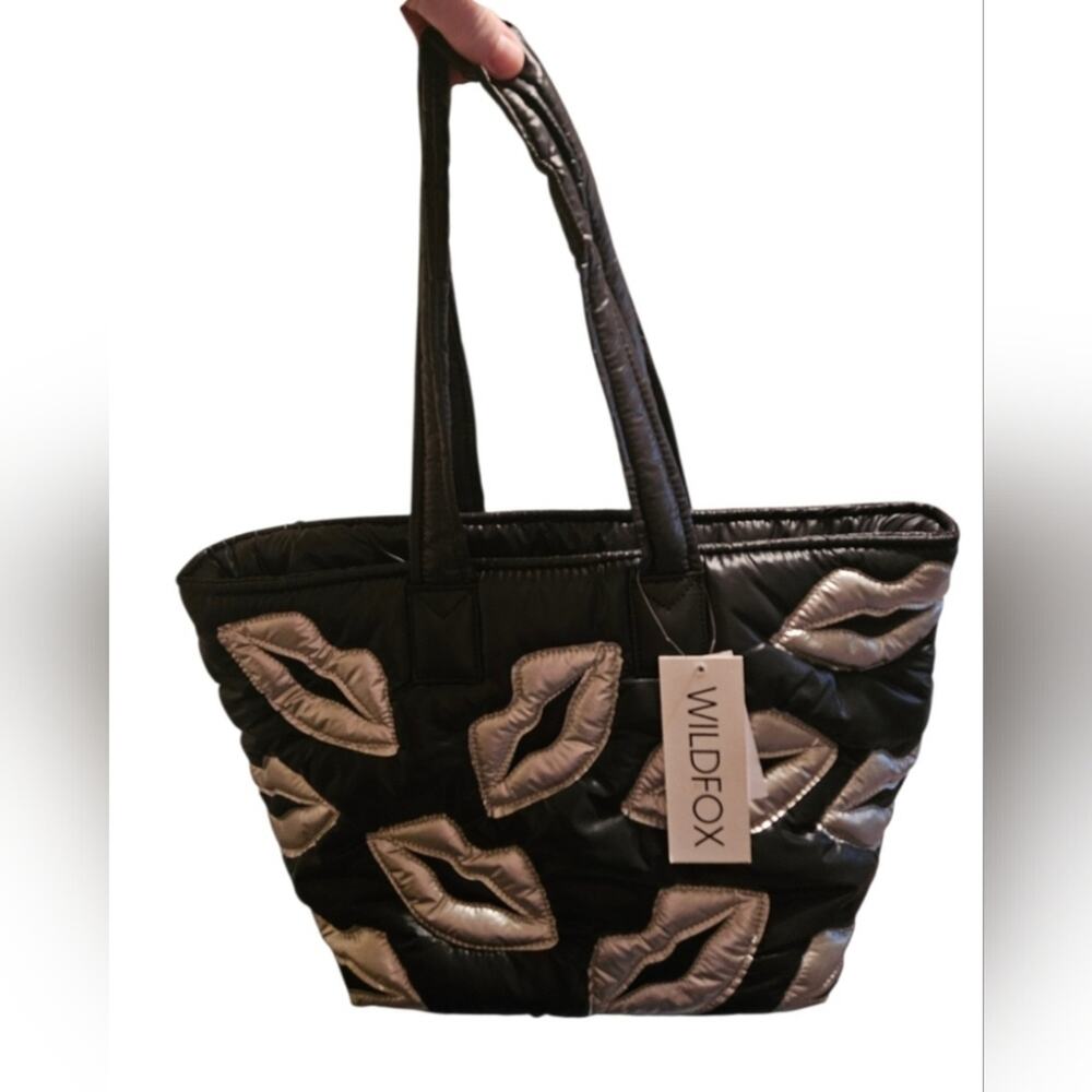 NWT Wildfox Black & Silver Quilted Tote Bag With Lips On It, Brand New, Not Used - Picture 3 of 3